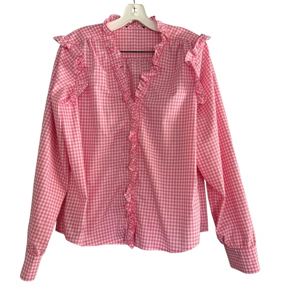 Tommy Hilfiger Pink Gingham Check Ruffle Blouse Size XL 100% Cotton Cottage Core - Picture 1 of 12